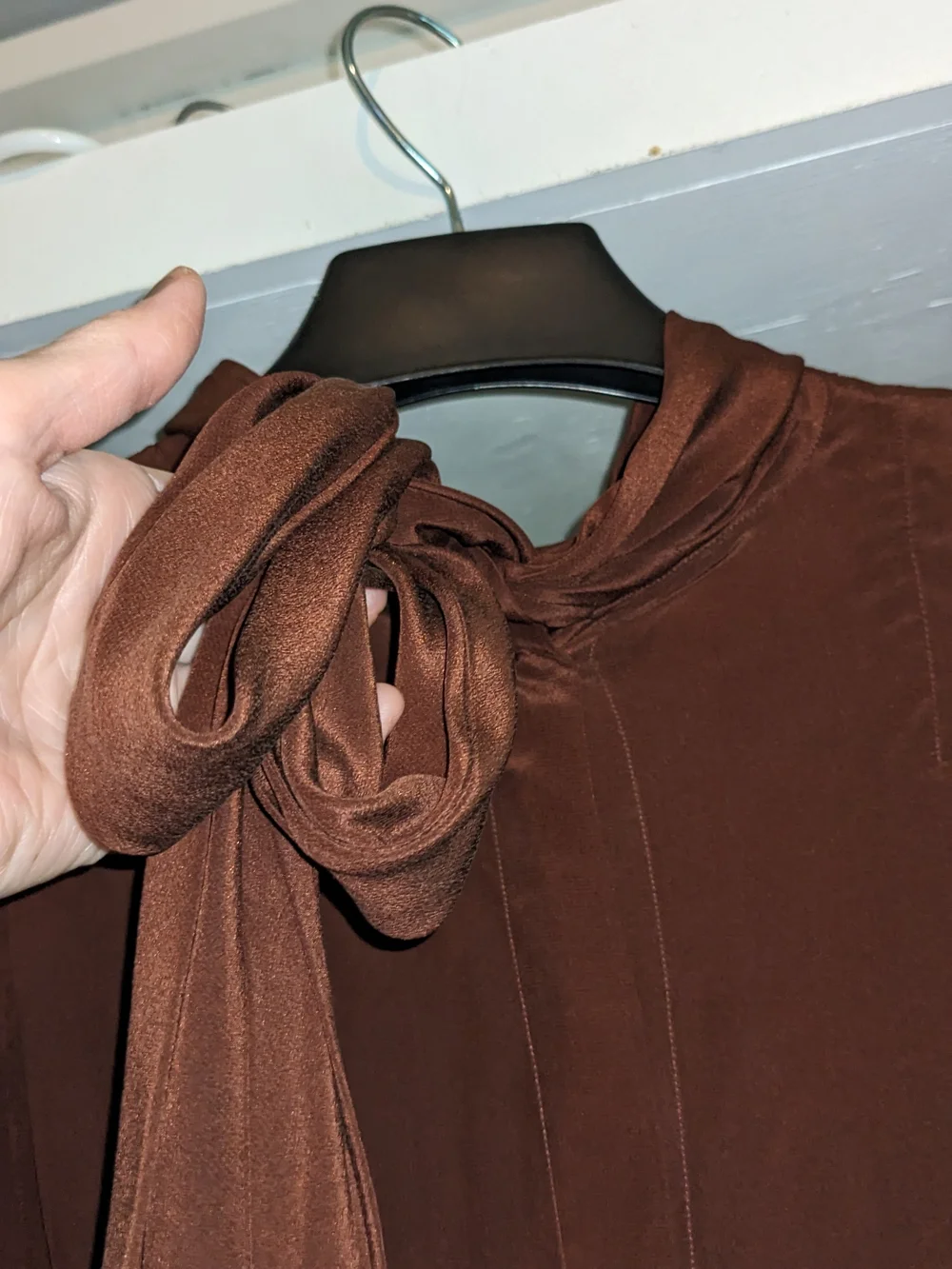 Chocolate Brown Tie-Back Blouse 100% Silk Quiet Luxury Rich Girl